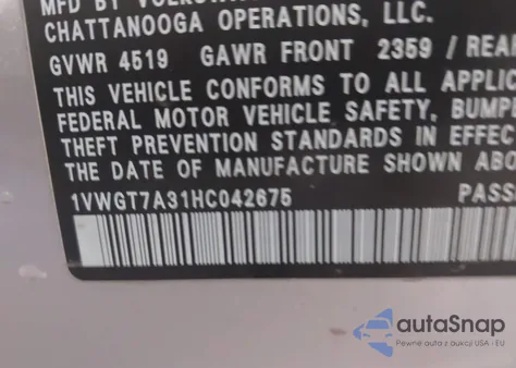 2017 Volkswagen Passat 1.8T Se из США, поврежденный, VIN 1VWGT7A31HC042675